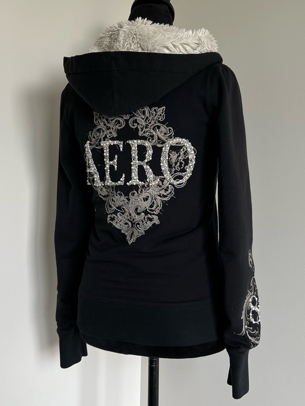 Aeropostale Black Hoodie with White Faux Fur Lining and Silver and Gold Beading